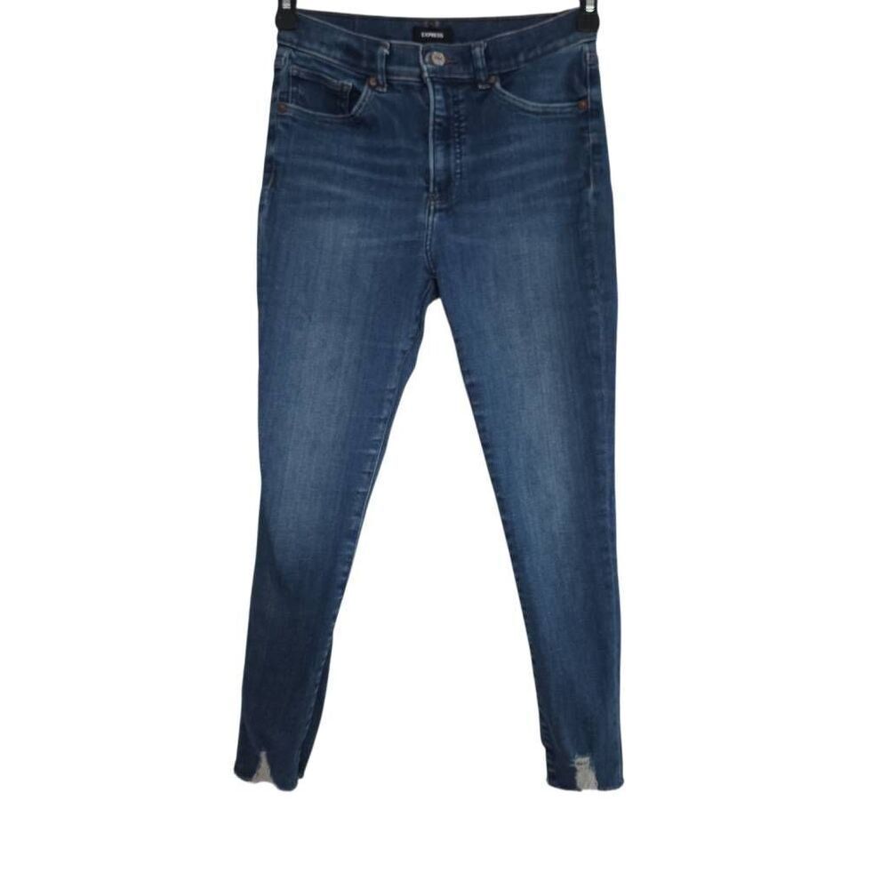Express Women's Size 8 Short Med Blue High Rise Distressed Raw Hem Skinny Jeans